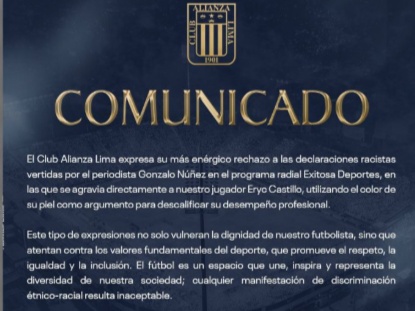 Club Alianza Lima condena racismo contra jugador ecuatoriano Eryc Castillo