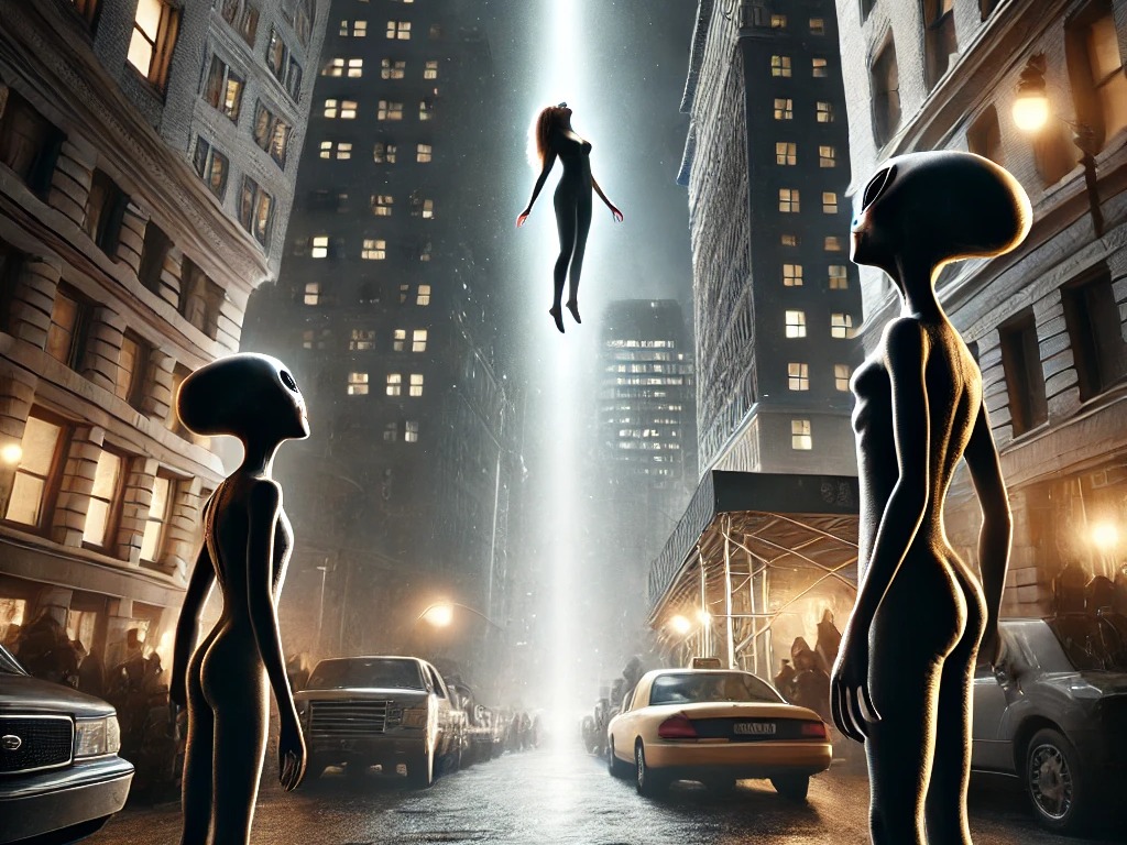 DALL·E 2024-11-22 16.51.37 - A dramatic and realistic scene depicting two 'gray' aliens standing on a street in Manhattan, surrounded by tall urban buildings. The focus is on a wo