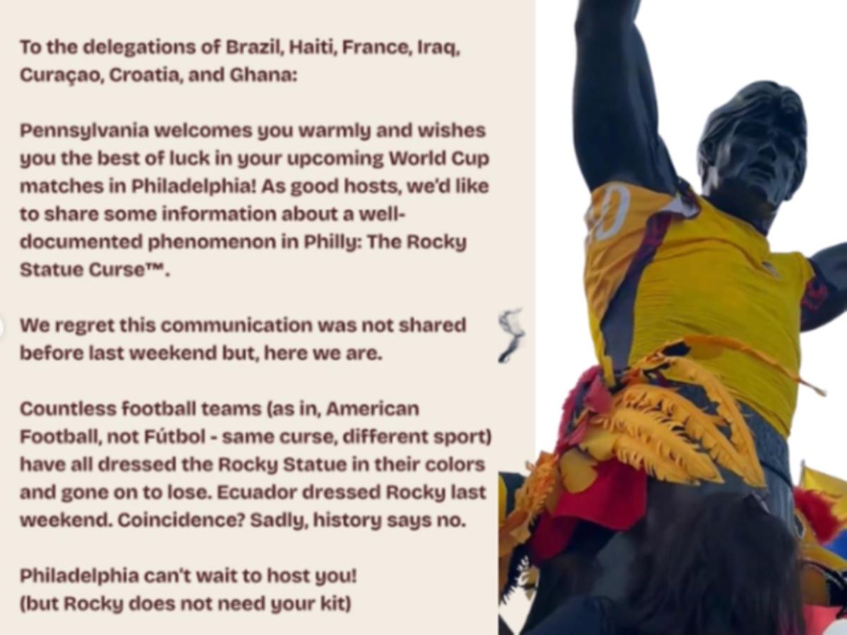 “No coloquen sus banderas o camisetas a Rocky”: Filadelfia advierte a las selecciones tras la derrota de Ecuador en el Mundial 2026